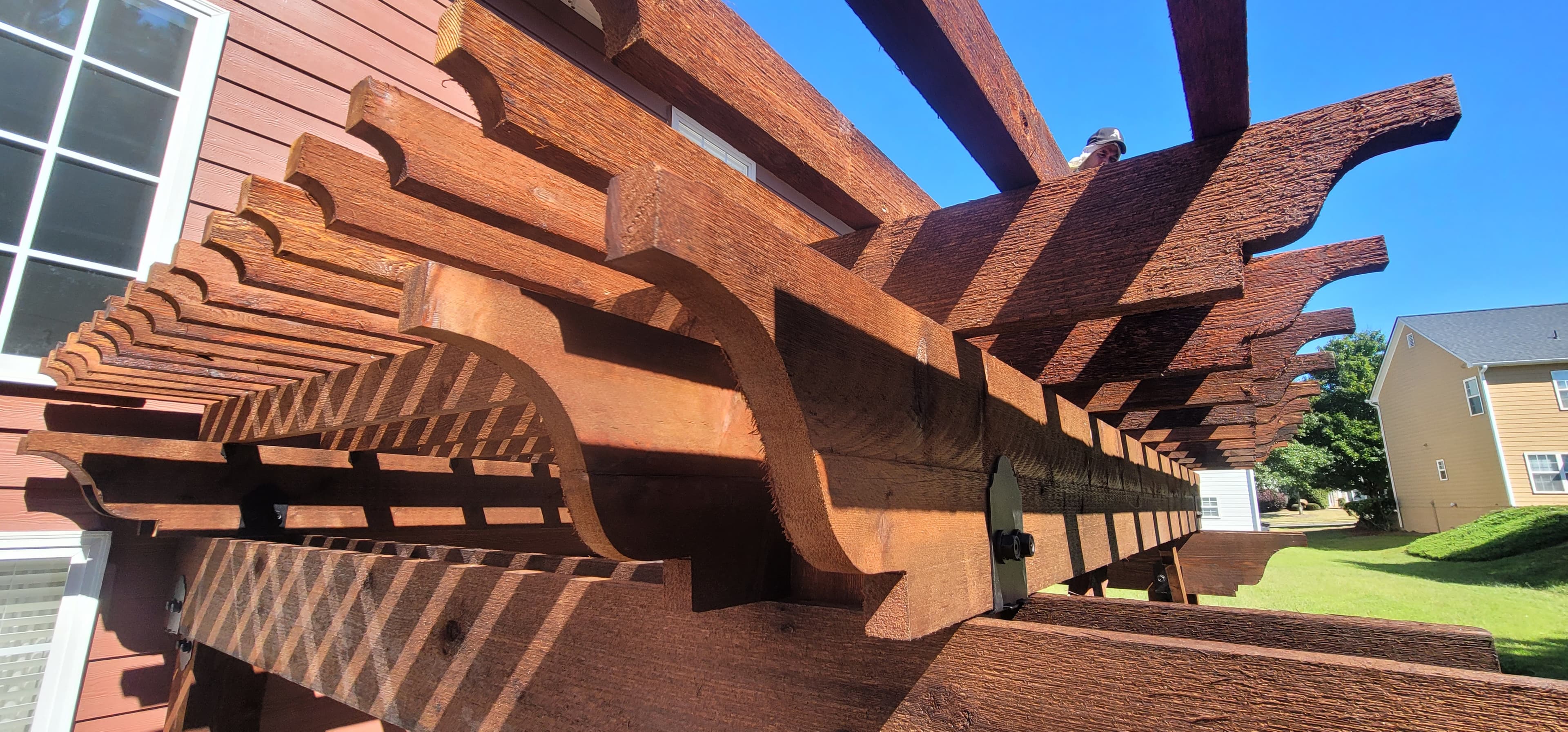 Close-up of pergola woodwork and beam details